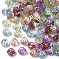 Transparent Acrylic Beads, Horizontal Hole, Flat Round with Silver Plated Letter, Mixed Color, 7x4mm, Hole: 1.5mm(X-PACR-N006-002)