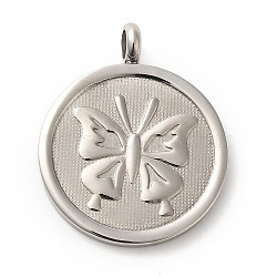 304 Stainless Steel Pendants,  Stainless Steel Color, Flat Round, Butterfly, 31x25x2mm, Hole: 4mm(STAS-C086-06B-P)