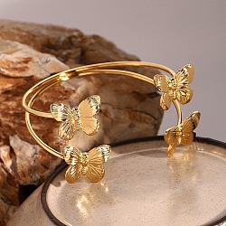 304 Stainless Steel Double-Layer Cuff Bangles, Butterfly, Real 18K Gold Plated, 1-1/4 inch(3.15cm), Inner Diameter: 2-1/4x2-5/8 inch(6.7x5.6cm) (BJEW-C095-01G)