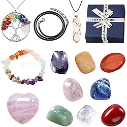 Natural Mixed Healing Stones Set for Meditation Reiki, with 9Pcs Nuggets & Heart Stone & 2Pcs Tree of Life & Bullet Pendant Necklace, 1Pc Chip Beaded Bracelet, 90x90x40mm(PW-WG79397-01)