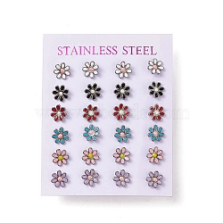 Mixed Color Bling Enamel Daisy Flower Stud Earrings, 304 Stainless Steel Earrings with 316 Surgical Stainless Steel Pins for Women, Stainless Steel Color, 8x8x1.5mm, Pin: 0.8mm(EJEW-B009-18P)
