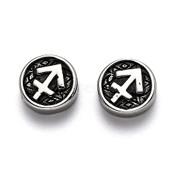 304 Stainless Steel Beads, Flat Round with Twelve Constellations, Antique Silver, Sagittarius, 10x4mm, Hole: 1.8mm(STAS-J033-01B)