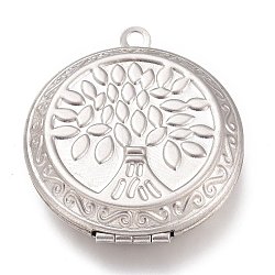 316 Stainless Steel Locket Pendants, Photo Frame Charms, Flat Round with Tree of Life, Stainless Steel Color, 35.5x31x8.5mm, Hole: 2.5mm, Inner Diameter: 23mm(STAS-O132-03P)