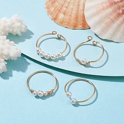 4Pcs 4 Style Brass Wire Wrap Open Cuff Rings Set, Glass Pearl & Small Shell Pearl Beaded Stackable Rings, Light Gold, Inner Diameter: 19~20.5mm, 1Pc/style(RJEW-TA00109)