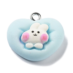 Heart with Rabbit Opaque Resin Pendants, Animal Charms with Platinum Plated Iron Loops, Sky Blue, 18x20x8mm, Hole: 2mm(RESI-B021-01)