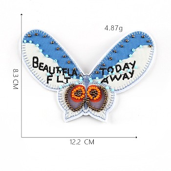 Computerized Embroidery Cloth Iron on/Sew on Patches, Costume Accessories, Appliques, with Plastic Beads and Metal Beads, Butterfly with Word, Dodger Blue, 8.3x12.2cm