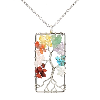 Platinum Tone Copper Wire Gemstone Chips Pendant Necklaces, Rectangle with Tree of Life Jewelry for Women Men, 20.08 inch(51cm)