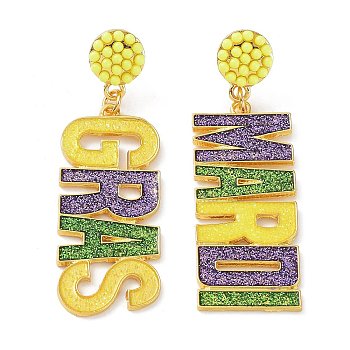 Carnival Theme Glitter Zinc Alloy Letter Dangle Stud Earrings, Word Gras Mardi Asymmetrical Earrings, Colorful, 61x19.5mm