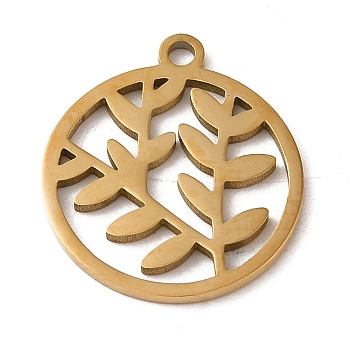 201 Stainless Steel Pendants, Laser Cut, Flat Round with Leaf Charm, Golden, 17x15x1mm, Hole: 1.5mm