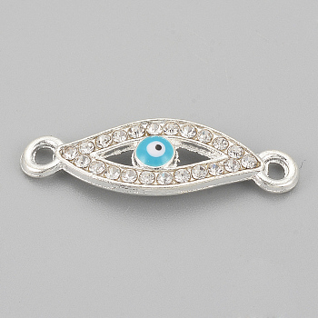 Alloy Rhinestone Links connectors, Cadmium Free & Lead Free, Evil Eye, Sky Blue, Silver Color Plated, 26x8x2mm, Hole: 1.5mm