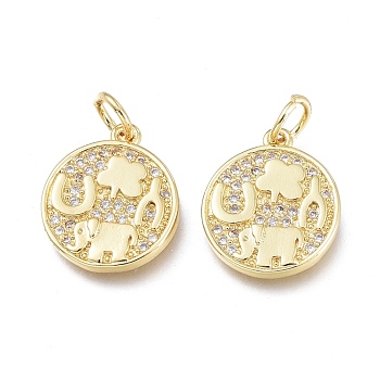 Brass Micro Pave Clear Cubic Zirconia Charms, with Jump Ring, Long-Lasting Plated, Flat Round with Elephant, Real 18K Gold Plated, 14.5x12x2mm, Jump Ring: 5x0.7mm, 3.6mm Inner Diameter