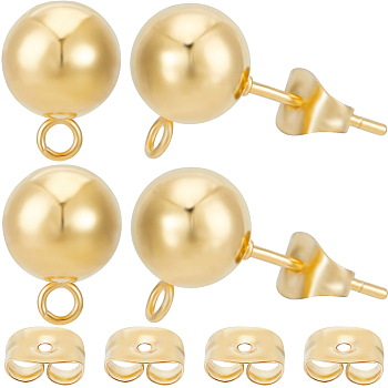 20Pcs 304 Stainless Steel Round Post Stud Earring Findings, with Horizontal Loops and Ear Nut/Earring Backs, Real 24K Gold Plated, 11mm, Hole: 1.8mm, Pin: 0.8mm