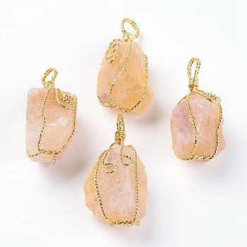 Natural Citrine Big Pendants, with Golden Plated Brass Wire, Nuggets, 40~58x19~30mm, Hole: 7x9mm