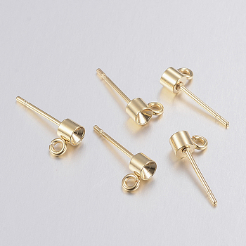 304 Stainless Steel Stud Earring Settings, with Loop, For Pointed Back Rivoli Rhinestone, Golden, 3.5x3mm, Hole: 1.5mm, Tray: 3mm, Pin: 0.8mm