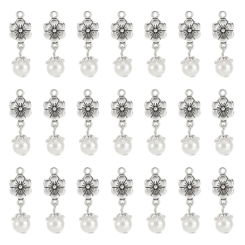 32Pcs Acrylic Imitated Pearl Pendants, with Tibetan Style Alloy Finding, Flower, Antique Silver, 27mm, Hole: 1.8mm