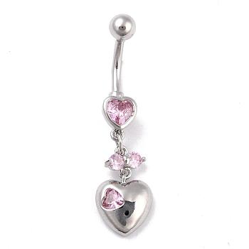 Piercing Jewelry, Brass Cubic Zirciona Navel Ring, Belly Rings, with 304 Stainless Steel Bar, Lead Free & Cadmium Free, Heart, Pink, 41mm, Pendant: 19x10mm, Bar: 14 Gauge(1.6mm), Bar Length: 3/8"(10mm)