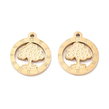 Vacuum Plating 304 Stainless Steel Pendant Cabochon Settings for Enamel, Manual Polishing, Flat Round with Tree, Real 18K Gold Plated, 17x15x1mm, Hole: 1.2mm