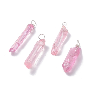 Electroplated Natural Quartz Pendants, with Silver Tone Copper Wire Wrapped, Chip, Pink, 18~31x4~7x3.5~6mm, Hole: 3~3.9mm