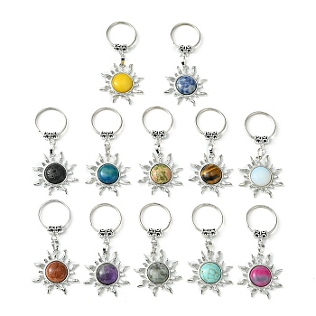 Gemstone & Brass Sun Pendant Keychain, with Platinum Tone Brass Findings, for Bag Jewelry Gift Decoration, 7.5cm