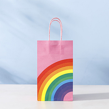 Rainbow Pattern Kraft Paper Bags, with Handle, Gift Bags, Shopping Bags, Rectangle, Pink, 13x8x22cm