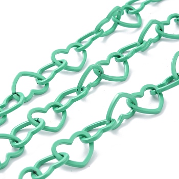 Spray Painted Brass Heart Link Chains, with Spool, Unwelded, Medium Sea Green, 15.5x19x2mm, 32.8 Feet(10m)/roll
