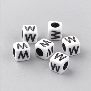 Opaque Acrylic Beads, Horizontal Hole, Letter Style, Cube, Letter.W, 6x6x6mm, Hole: 3mm, about 300pcs/50g