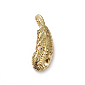 Brass Pendants, Long-Lasting Plated, Feather, Real 18K Gold Plated, 19x7x2mm, Hole: 2x4mm