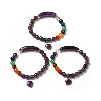 Natural Amethyst & Mixed Gemstone Beaded Stretch Bracelet with Heart Charm for Women, Inner Diameter: 2-1/8 inch(5.5cm)