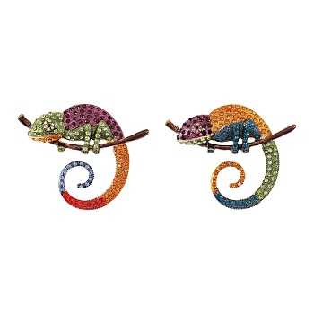 2Pcs 2 Colors Alloy Enamel Brooches, with Rhinestone, Chameleon, Light Gold, Mixed Color, 58x71x13mm, Hole: 6.8x6mm, 1pc/color