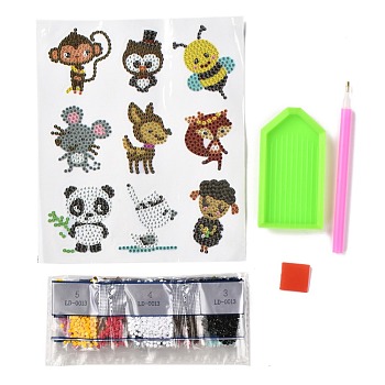 DIY Animal Theme Diamond Painting Stickers Kits For Kids, with Diamond Painting Stickers, Rhinestones, Diamond Sticky Pen, Tray Plate and Glue Clay, Mixed Color, 18x15.3x0.03cm