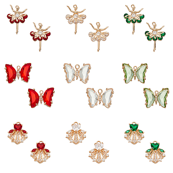 AHADERMAKER 18Pcs 9 Styles Glass Pendants, with Micro Pave Cubic Zirconia and Brass Open Back Settings, Butterfly/Girl/Dress, Mixed Color, 15.5~21.5x14.5~20x4~5mm, Hole: 1mm, 2pcs/style