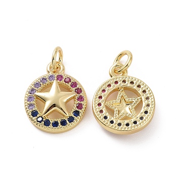 Brass Micro Pave Cubic Zirconia Charm, with Jump Rings, Flat Round with Star Charm, Pentagram Charm, Real 18K Gold Plated, 15x12x3mm, Hole: 3.2mm
