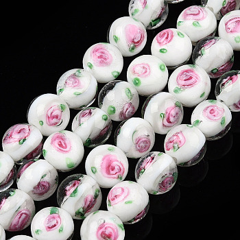 Handmade Lampwork Beads Strands, Round with Flower, Creamy White, 9.5mm, Hole: 1.5mm, about 50pcs/strand, 18.90 inch(48cm)