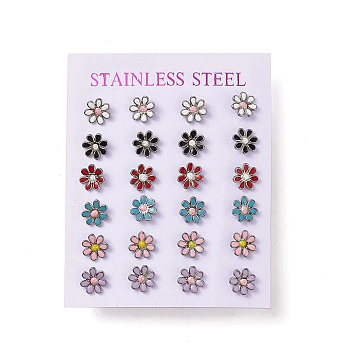 Mixed Color Bling Enamel Daisy Flower Stud Earrings, 304 Stainless Steel Earrings with 316 Surgical Stainless Steel Pins for Women, Stainless Steel Color, 8x8x1.5mm, Pin: 0.8mm