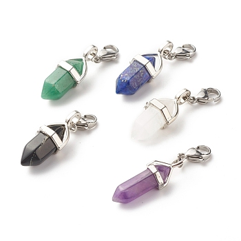 Natural Bullet-shaped Gemstone Pendant Decorations, 304 Stainless Steel Jump Rings and Lobster Claw Clasps, 42mm