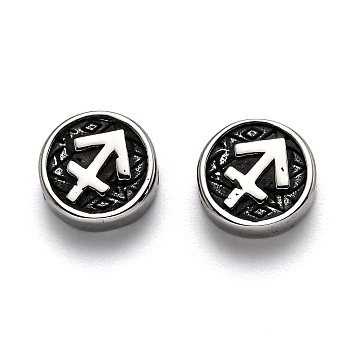 304 Stainless Steel Beads, Flat Round with Twelve Constellations, Antique Silver, Sagittarius, 10x4mm, Hole: 1.8mm