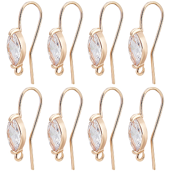 20Pcs Brass Earring Hooks, Ear Wire, with Cubic Zirconia and Horizontal Loop, Horse Eye, Nickel Free, Real 18K Gold Plated, 21~23x14~17x5mm, Hole: 1.5mm