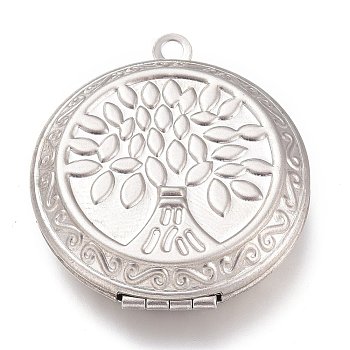 316 Stainless Steel Locket Pendants, Photo Frame Charms, Flat Round with Tree of Life, Stainless Steel Color, 35.5x31x8.5mm, Hole: 2.5mm, Inner Diameter: 23mm
