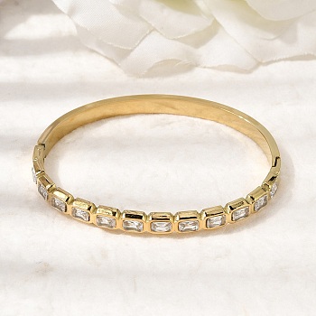 304 Stainless Steel Glass Hinged Bangles for Women, Rectangle, Real 18K Gold Plated, Ion Plating(IP), Long-Lasting Plated, Clear, Inner Diameter: 2.38x1.99 inch(6.05x5.05cm)