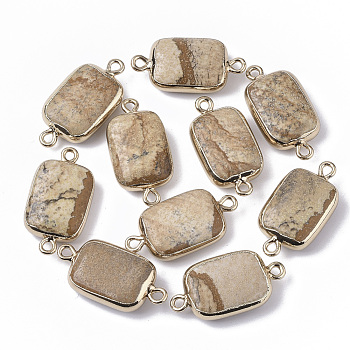 Edge Golden Plated Natural Picture Jasper Links connectors, with Golden Tone Iron Loops, Rectangle, 26~27x13.5x6~7mm, Hole: 1.6~1.8mm