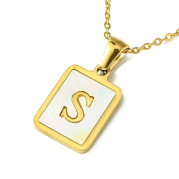 Ion Plating(IP) Rectangle with Initial Letter 304 Stainless Steel Pendant Necklace, white Shell, Real 18K Gold Plated, Letter S, 16.06 inch(40.8cm)