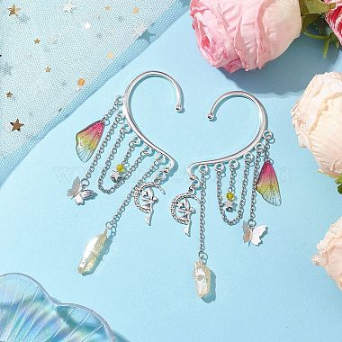 Wing Resin & Natural Quartz Crystal Points Beaded Dangle Earrings(EJEW-TA00522)-2