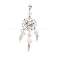 Natural Rose Quartz Chip Pendant Decoration, Alloy Woven Net/Web with Wing Hanging Ornament, with Natural Cultured Freshwater Pearl, 304 Stainless Steel Lobster Claw Clasps, 98~100mm(HJEW-JM00719-03)