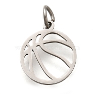 304 Stainless Steel Charms, with Jump Ring, Basketball Charm, Laser Cut, Stainless Steel Color, 14x11.5x1mm, Hole: 3mm(STAS-Z119-21P)