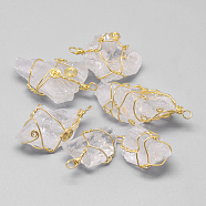 Rough Raw Natural Quartz Crystal Pendants, Rock Crystal Pendants, with Brass Findings, Nuggets, Golden, 30~77x18~28x10~25mm, Hole: 3mm(G-Q481-105G)