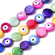 Natural Freshwater Shell Beads Strands, with Enamel, Dyed, Flat Round with Evil Eye, Mixed Color, 10x4~5mm, Hole: 0.8mm, about 39pcs/strand, 15.16 inch(38.5cm)(SHEL-S278-012)