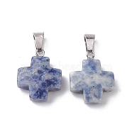 Natural Blue Spot Jasper Pendants, Cross Charms with Stainless Steel Color Plated Stainless Steel Snap on Bails, 20~20.5x15.5~16.5x6~7mm, Hole: 7x4.5mm(G-K359-02P-01)