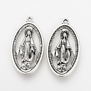 Tibetan Style Alloy Pendants, Miraculous Medal, 1830 The Blessed Virgin Mary, Cadmium Free & Lead Free, Oval, Antique Silver, 36x20x3mm, Hole: 2mm, about 285pcs/1000g(TIBEP-Q078-38AS-RS)