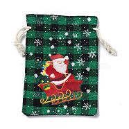 Christmas Theme Rectangle Jute Bags with Jute Cord, Tartan Drawstring Pouches, for Gift Wrapping, Green, Santa Claus, 13.8~14x9.7~10.3x0.07~0.4cm(ABAG-E006-01B)