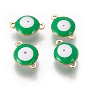 Ion Plating(IP) 304 Stainless Steel Enamel Links connectors, Flat Round with Evil Eye, Golden, Green, 14.5x10x4.5mm, Hole: 1.4mm(STAS-F206-02G-C01)